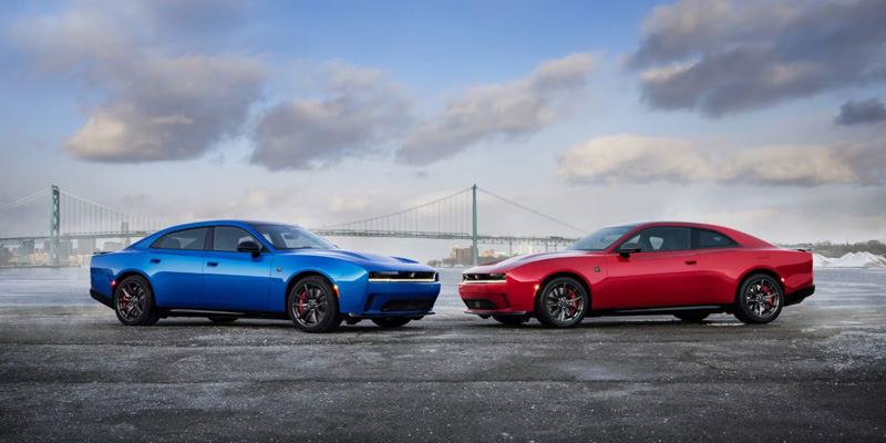 Two Dodge Charger sedans, one blue and one red, parked nose-to-nose on a wet waterfront with a suspension bridge in the background.